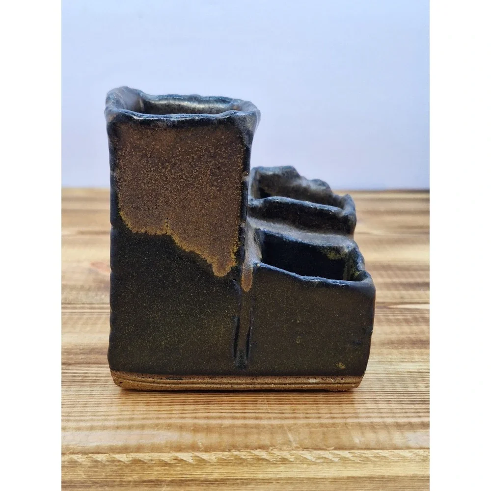 Pen Pencil Holder Earthen Tone‎ ware 4 Slot Tired Hand-crafted Artisan Glaze Vtg